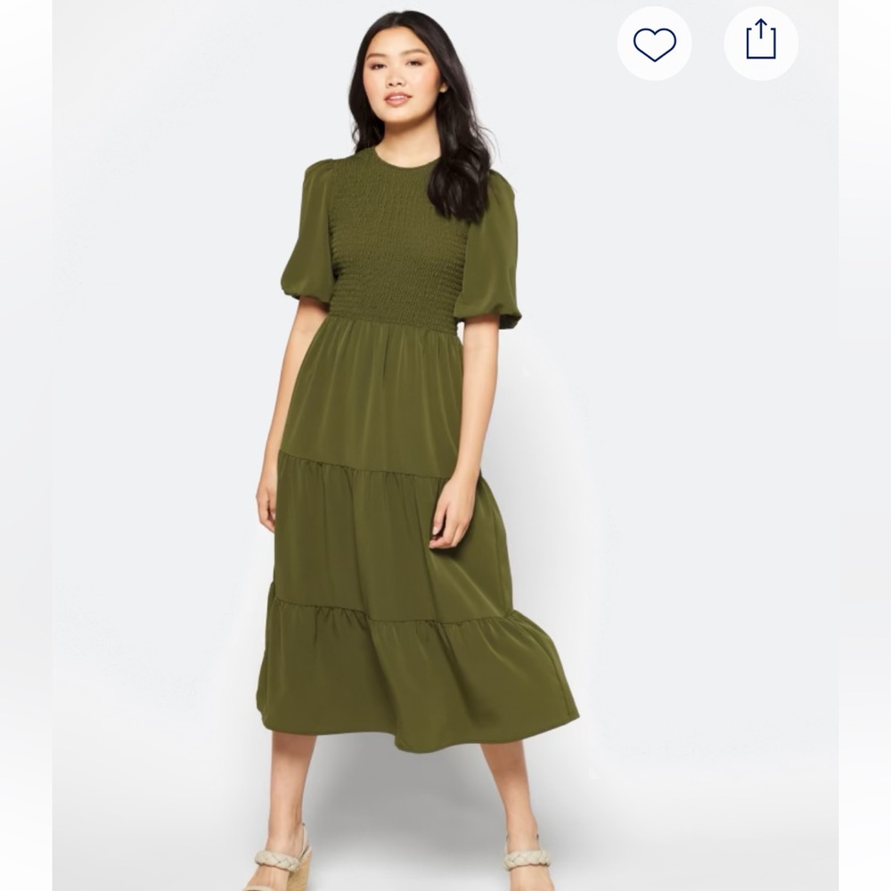 Like new! Wayf Smocked Tiered Midi Dress, Forest Green, XL